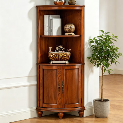 Armoire d'angle vintage en bois de frêne massif, armoire latérale de rangement sur pied pour tous les espaces intérieurs, armoire à vin multifonctionnelle avec tablettes ouvertes à double couche et portes de rangement doubles fermées