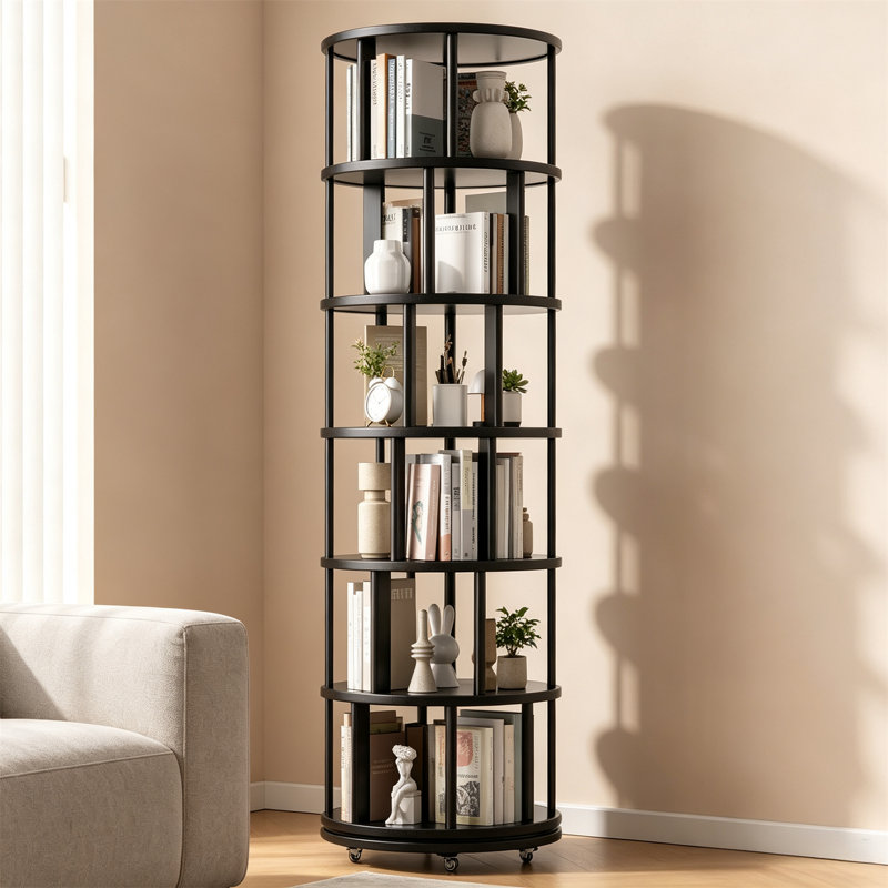 Tablette d'angle, tour de bibliothèque rotative en bois massif avec roulettes, Noir