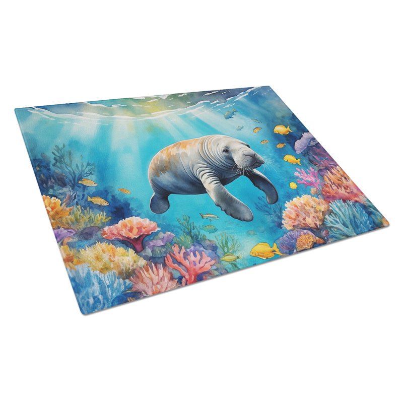 Summer Manatee Glass Cutting Board