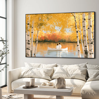 Très grand art mural imprimé sur toile - Lac d'automne doré avec bouleaux et couple en canot, décor de scène naturelle pour le salon ou la chambre à coucher "Assemblage requis (cadre non fini)"