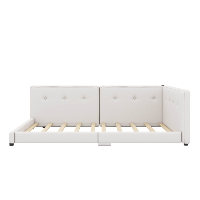 Upholstered Platform Bed With USB Ports, Beige, Full / Double