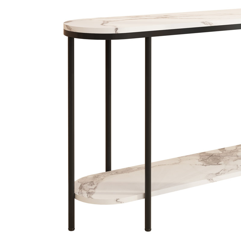 42" 2-Tier Faux Marble Console Table, Narrow Entryway Sofa Table with Metal Frame for Small Spaces, Black