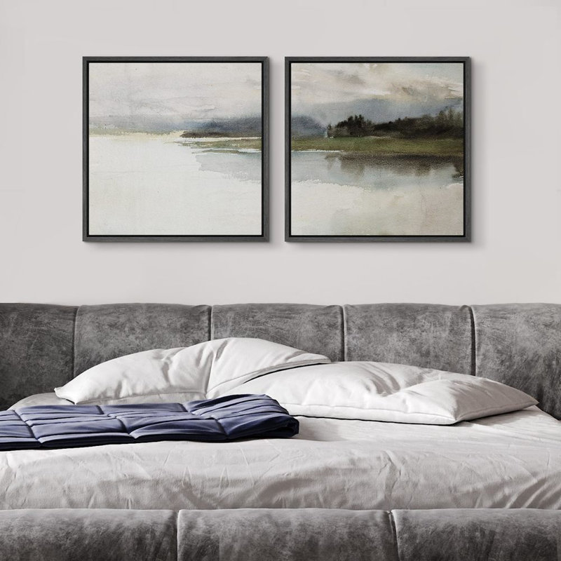 Ambiance lac brumeux apaisant, nature abstraite, paysage, illustrations, art moderne, détente minimale / calme, H 16" x l 16"