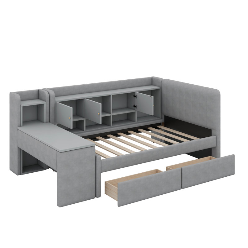 Lit de jour simple rembourré avec tiroirs, tablettes et table d'appoint, Gris