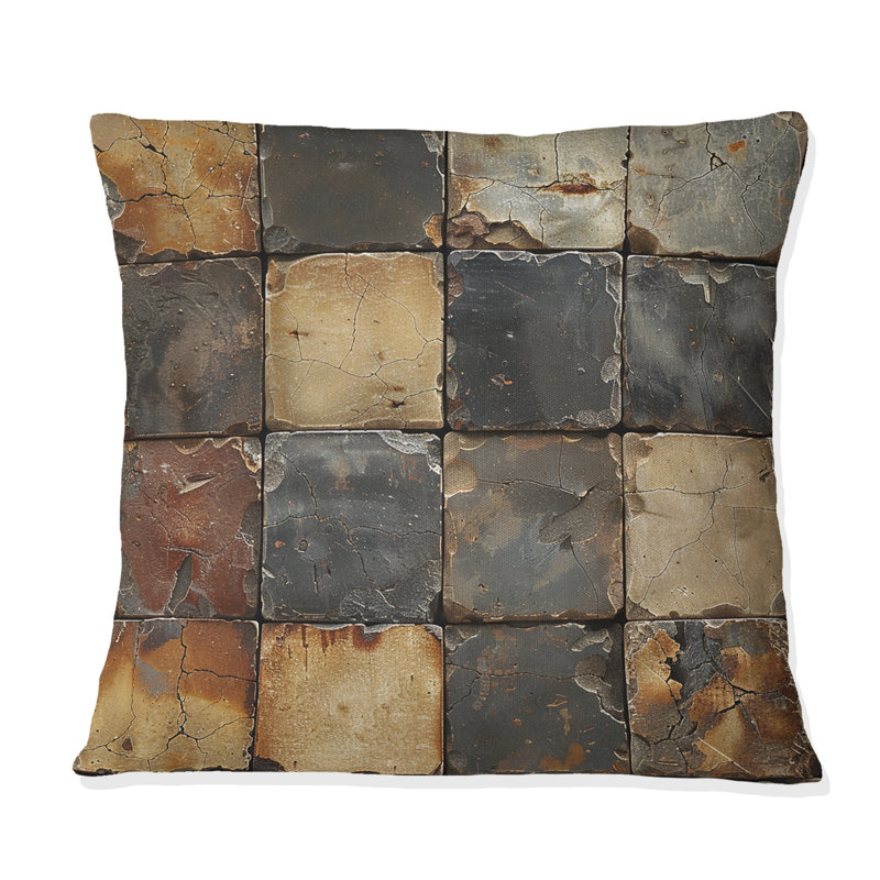 Carreaux d'inspiration rétro brun-gris - Coussin décoratif à carreaux, H 16 po x l 16 po