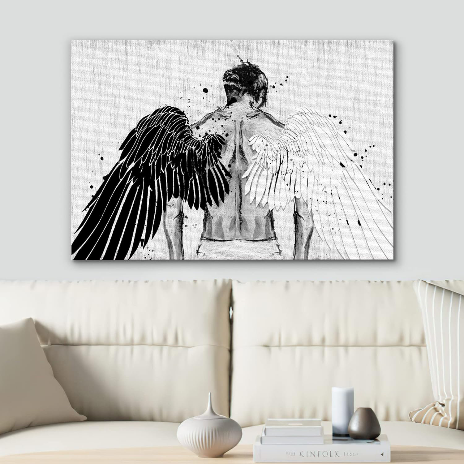 IDEA4WALL Black White Paint Splatter Heaven Angel Wing Man Cultural Pop ...