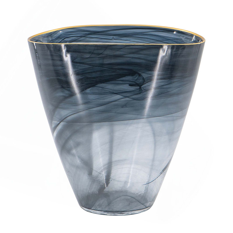 9.3X4.7X9.3" Smokey Black Glass Vase With Gold Rim