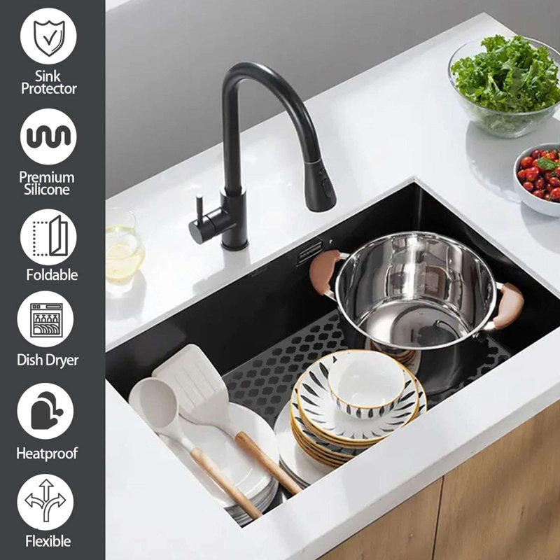 Heat Resistant and Easy to Clean Silicone Sink Mat with Center Drain, Gris