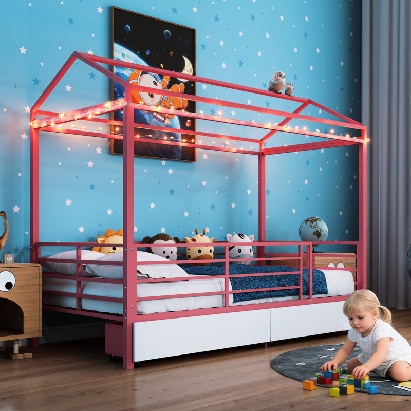 Lit pour maison rose, lit superposé simple avec toit et garde-corps, chambre à coucher avec cadre en métal, coffre-fort à basse hauteur, garde-corps sans sommier requis, espace de conception confortable, nécessaire