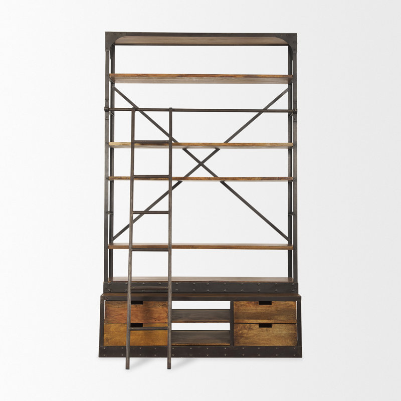 Schlueter 94" Metal and Wood Four Tier Library Bookcase With Ladder, Natural