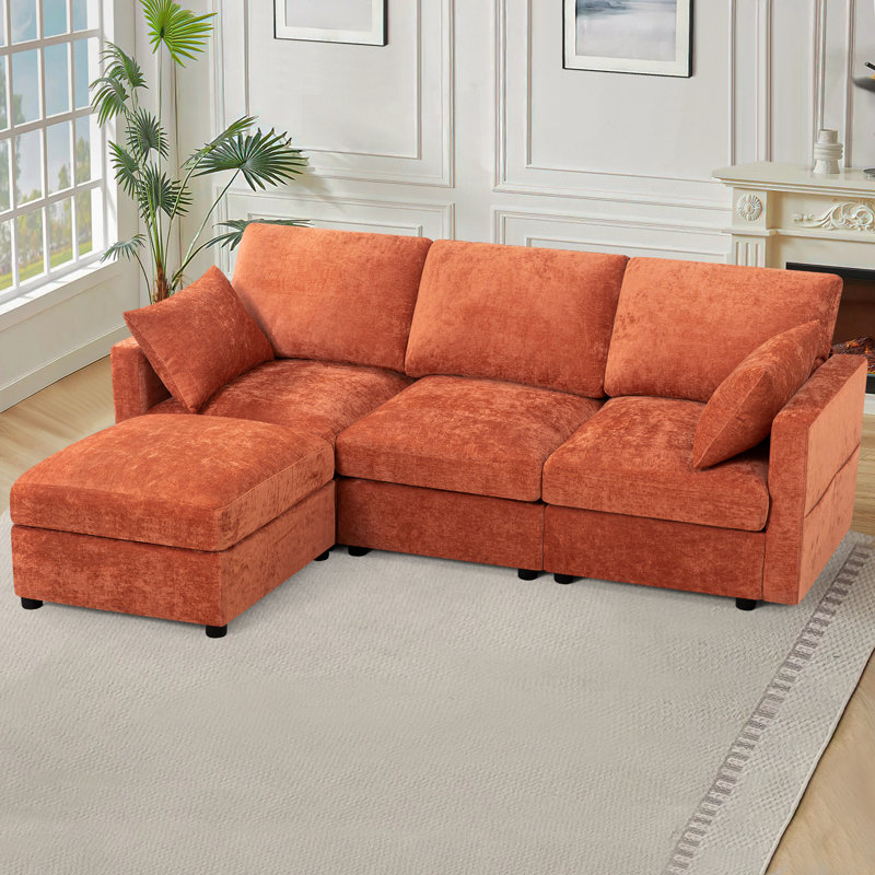 84" Chenille Sectional Sofa With Reversible Ottoman, Modern Couch With Upholstered Cushion, Comfy 3-Seat Sofa For Living Room, Office