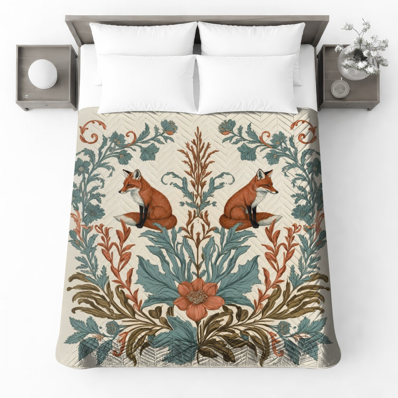 Fox Botanical Illustration Quilted Bedspread All Sizes, Queen