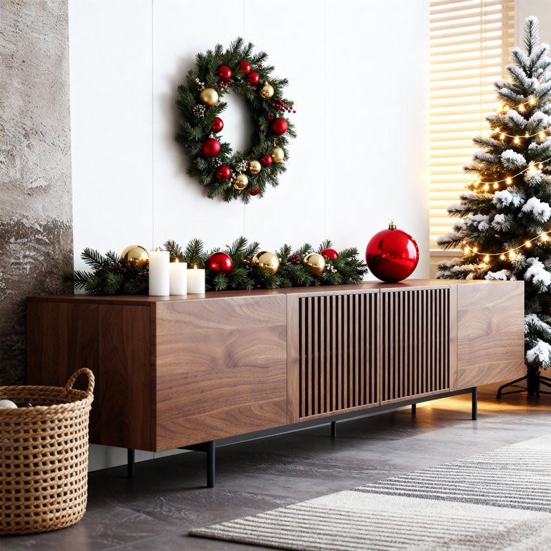Ahijah 70.87 Inch Modern Walnut TV Stand for 75 Inch TV Slatted Media Console Entertainment Center with 4 Doors and Metal Legs