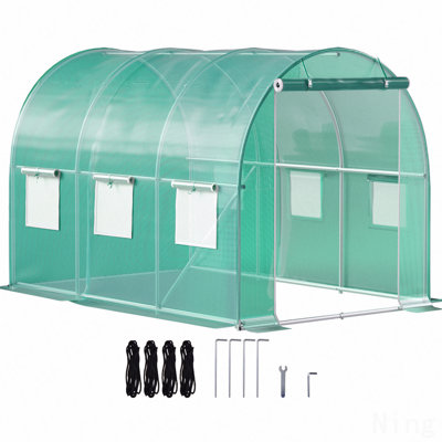 Serre de tunnel sans rendez-vous, serre chaude pour plante portative 14,8 x 6,6 x 6,6 pi avec cerceaux en acier galvanisé, 1 poutre supérieure, poteaux diagonaux, porte à fermeture à glissière et 8 fenêtres à enroulement, vert