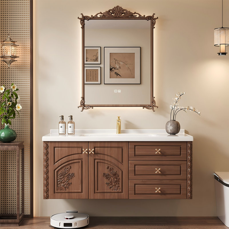Wall Mounted Single Double Combined Vanity Unit Bathroom Vanity With Ceramic Top with Mirror, 21.65" H x 39.76" W x 19.69" D