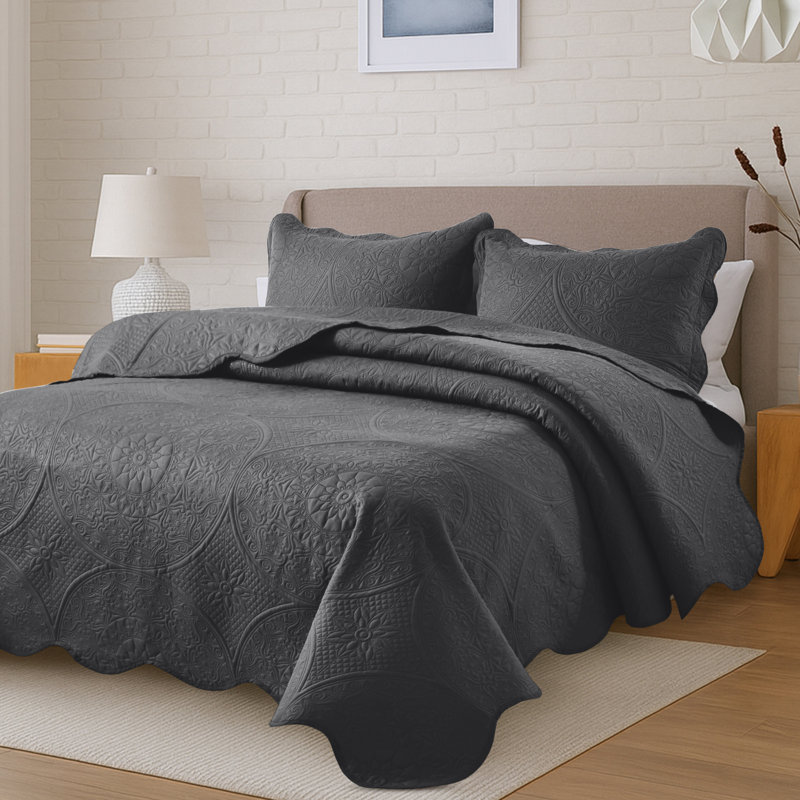 Floral Embossed Quilted Bedspread Set, Oversized and Lightweight Bedding Set with Pillow Shams, Charcoal