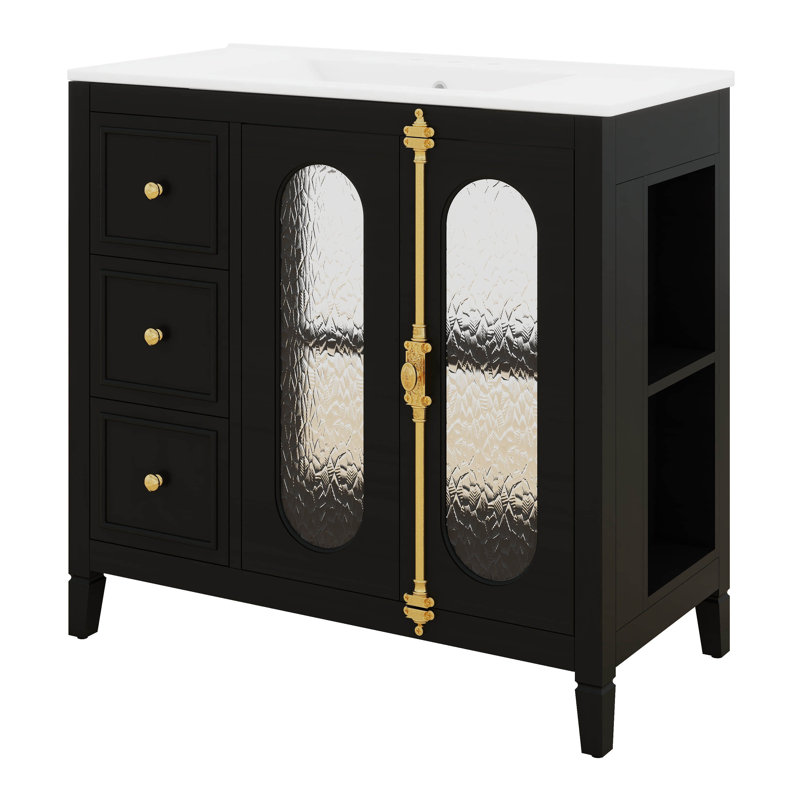 Meuble-lavabo 36 po avec lavabo en céramique, meuble de rangement pour salle de bain à 3 tiroirs, 2 portes et 2 tablettes latérales ouvertes