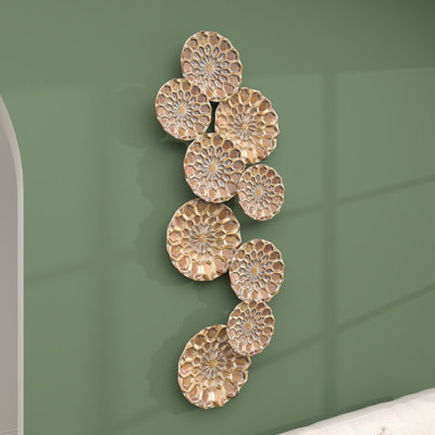 Metal Embossed Floral Plate Gold Wall Decor with Teal Accents