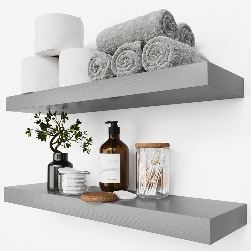 Solid Wood Floating Shelves, Wooden Shelves for Wall Storage, 1.5" H x 24" W x 6.7" D, Weathered Gray