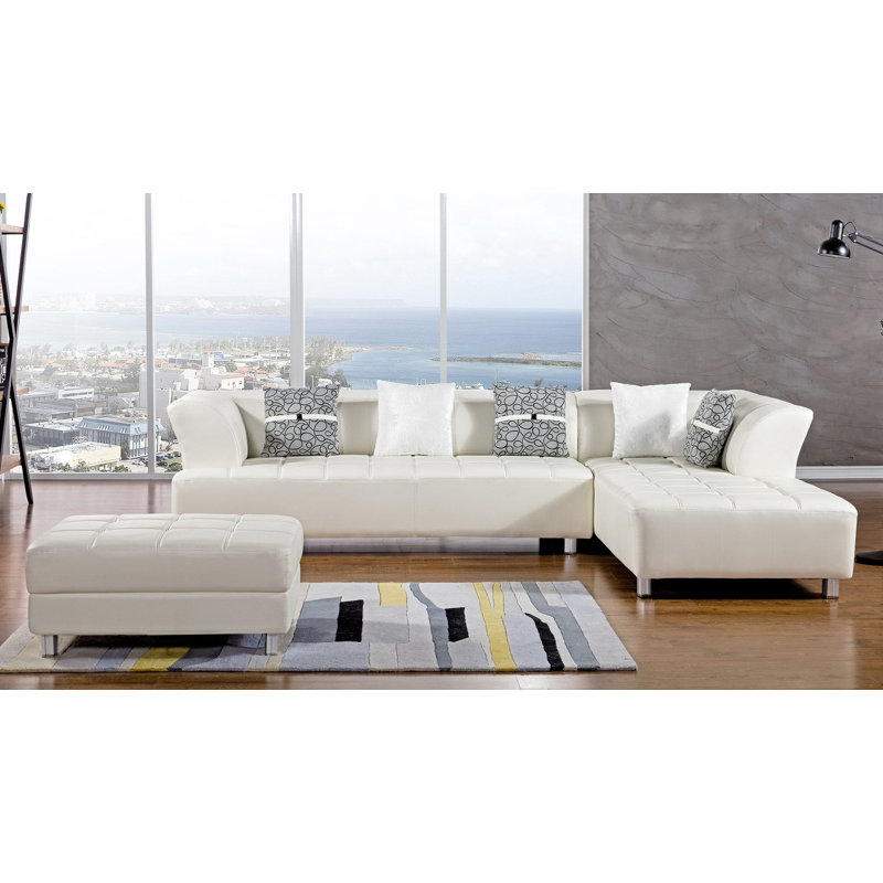 Henriquez Faux Leather L-Shaped Sectional, Ivory Faux Leather, Right Hand Facing