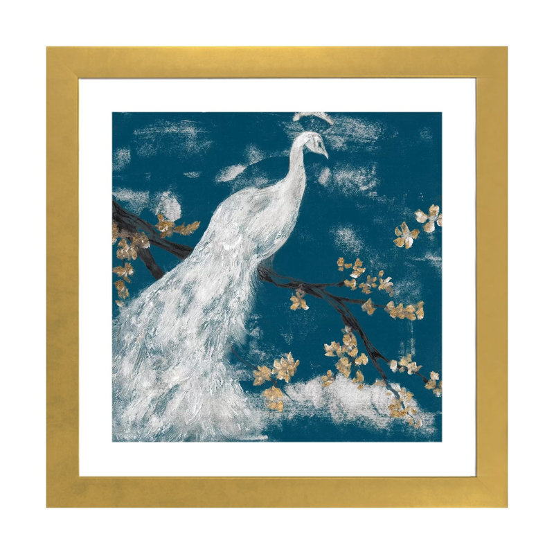 "White Peacock on Indigo I" par Jennifer Goldberger-impression, H 24 po x l 24 po x p 1 po, Papier encadré doré