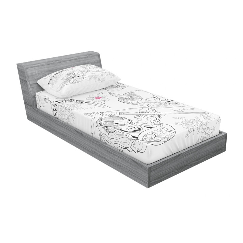 Ensemble de draps avec dessins japonais samurai warrior, Ensemble de draps pour lit simple TG avec drap-hou