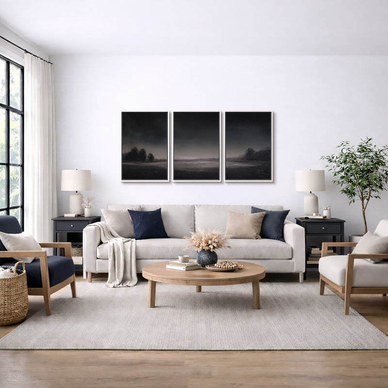 Dark Minimalist Foggy River Landscape Artwork, Living Room Pictures, Framed Canvas Giclee Print 3 Pieces Wall Art