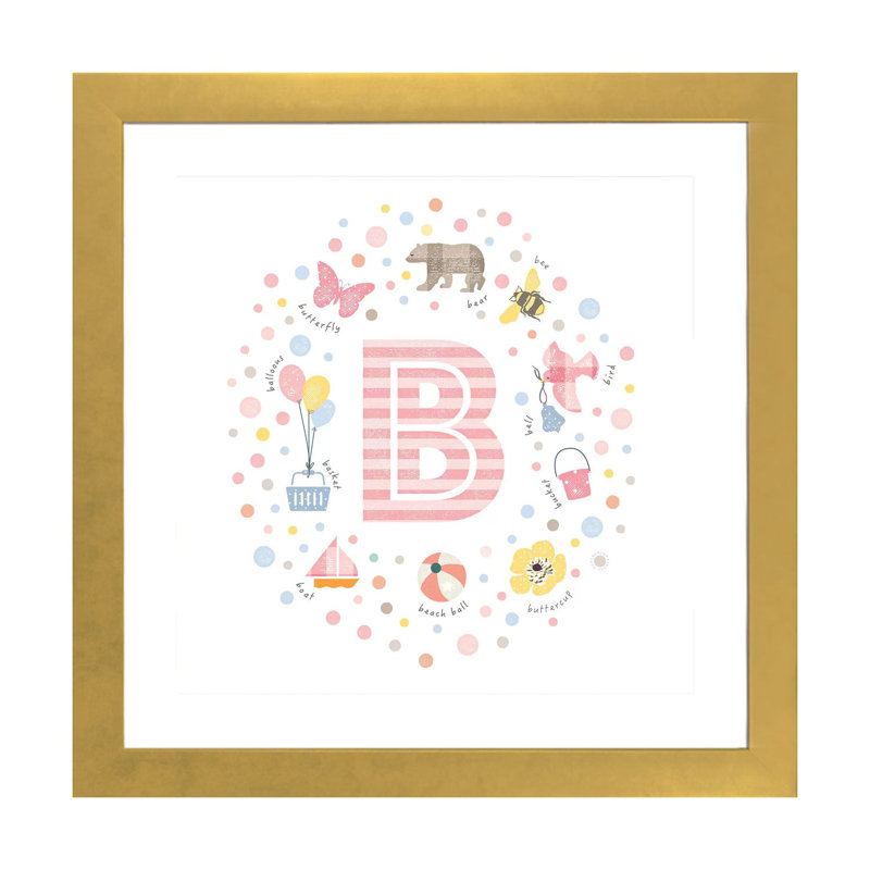 Lettre illustrée B rose - impression, H 16 po x l 16 po x p 1 po, Papier encadré doré, Blanc