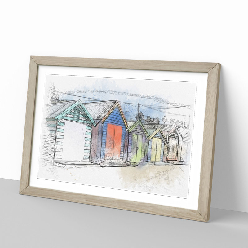 Colourful Beach Huts - Picture Frame Painting, 48cm H x 65cm W x 2cm D, Oak