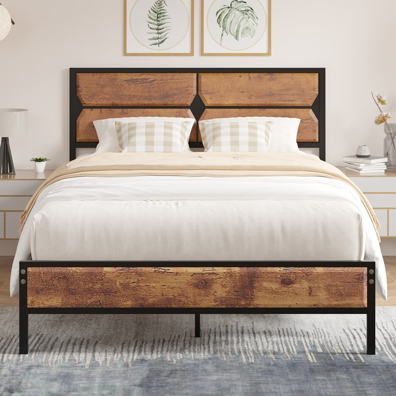 Platform Single/Double Size Bed Frame with Rustic Wood Headboard and Footboard, wood beds with Strong Metal Slats Support, No Box Spring Needed