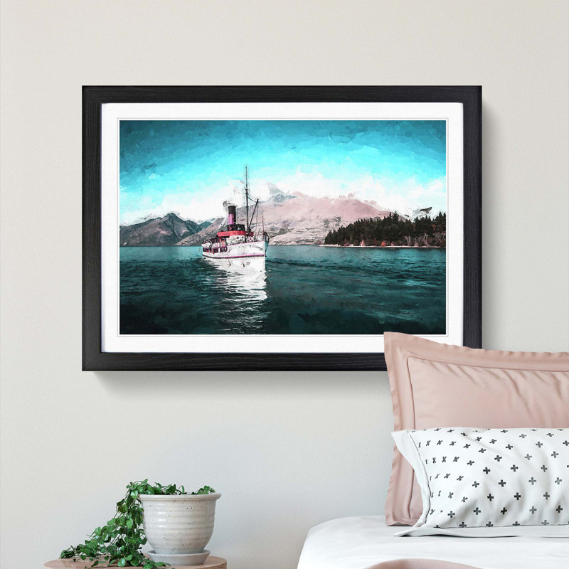Boat on the Lake in New Zealand in Abstract - Picture Frame Painting Print, Black Framed, 48cm H x 65cm W x 2cm D