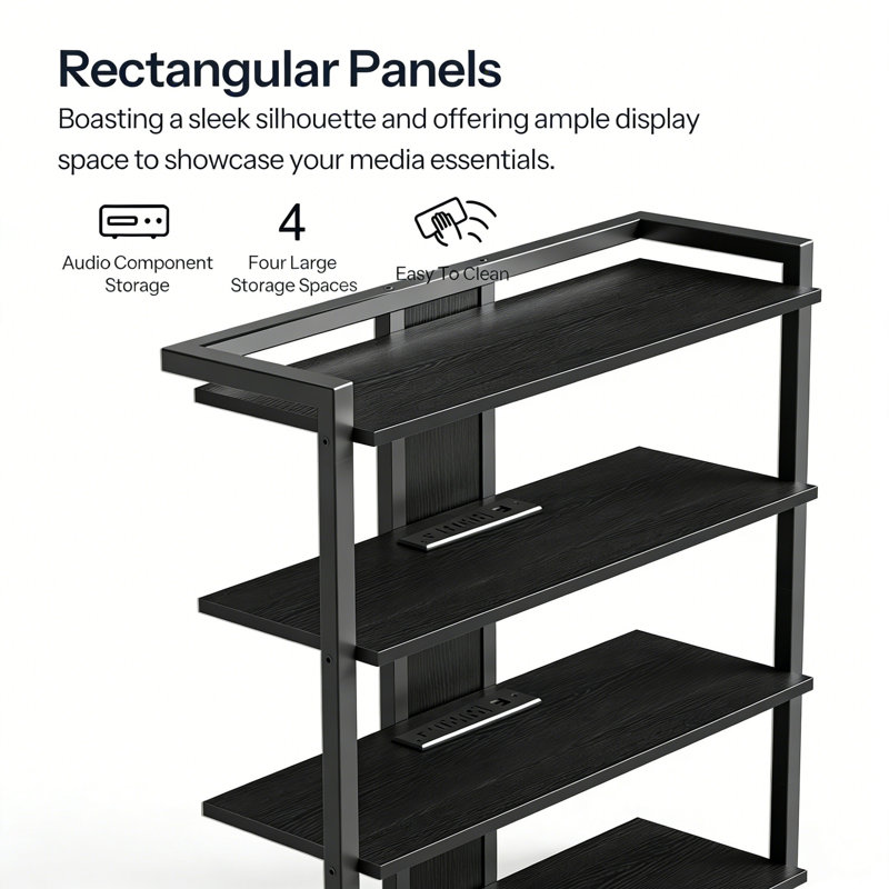 4-Tier AV Media Stand With Charging Station & LED Light, Wooden Stereo Cabinet For Record Player & Entertainment, Black