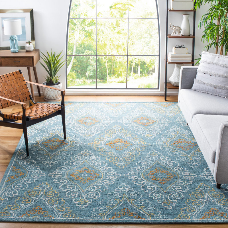 Tapis ikat en laine / coton touffeté à la main Fairborn en bleu / jaune, Rectangle 5 pi x 8 pi