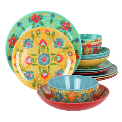 Laurie Gates California Designs Elena Amour 16-piece Melamine Dinnerware Set – Floral Cottage-inspired Design, Lightweight, Chip-resistant, Dishwasher Safe