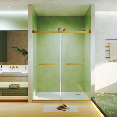 Brushed Gold Frameless Double Sliding Shower Door, 56-60"W X 74"H, 5/16"(8Mm) Tempered Glass, Explosion-Proof Film, Stainless Steel Handle & Square Track