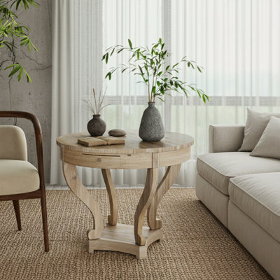 Curved Legs Farmhouse Style Small Round Dining Table, Side/Coffee Table, Natural Wood