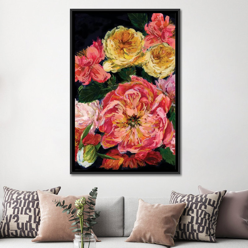 «Vintage Bouquet III», reproduction de peinture à l'huile sur toile, H 60 po x l 40po x P 1,5 po, Toile avec cadre noir