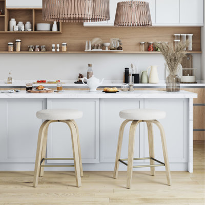 Ensemble de 2 tabourets de bar pivotants, tabouret sans dossier de 66 cm de hauteur comptoir avec assise en tissu, pieds en bois et repose-pieds en métal, style moderne du milieu du siècle pour restaurants et salles à manger à domicile, tabouret d'îlot beige, pieds rembourrés.