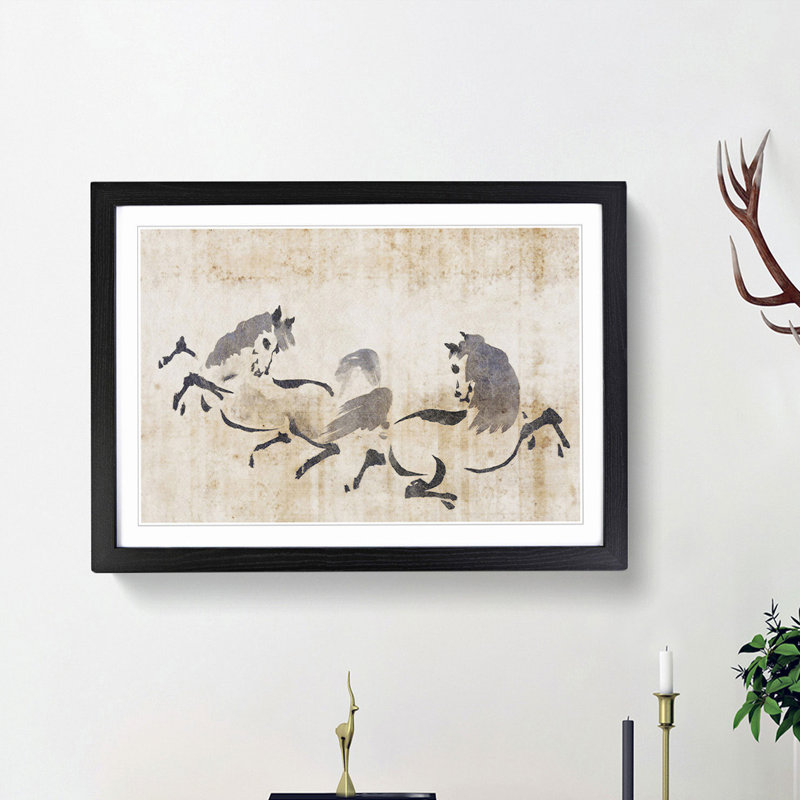 Two Horses Playing by Kano Tanyu - Framed Print, 27cm H x 36cm W x 2cm D, Black Framed