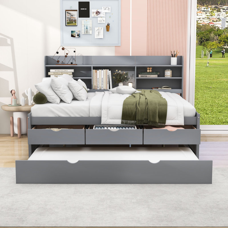 Full Size Wooden Daybed with Built-in Bookshelves, Storage Drawers, Twin Trundle, Light Gray