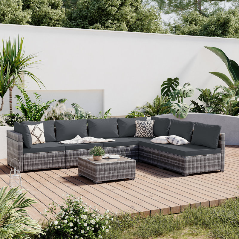 Ensemble de conversation modulaire avec coussins 7 pièces Bethane, Gris foncé