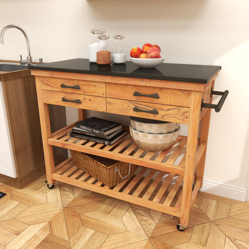 Wood Rolling 4 Drawer and 2 Shelf Kitchen Cart with Black Metal Handles and Marble Top, Brown, 36" H x 27" W x 20" D