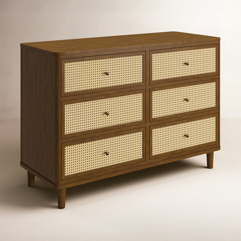 Marin with Cane 6 Drawer Dresser, Natural Walnut/ Blonde Cane