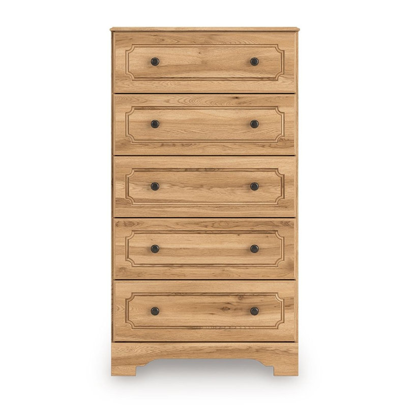 Commode haute Alia, 5 tiroirs, boutons en nickel, brun chêne naturel