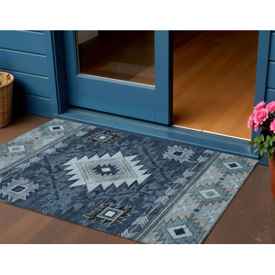 Tapis intérieur/extérieur lavable, bleu ivoire et anthracite, motif tribal, 90 x 150 cm