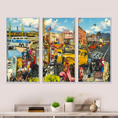 «Route 66 Midwest Roadside Collage», ensemble d'art mural sur toile encadré moderne