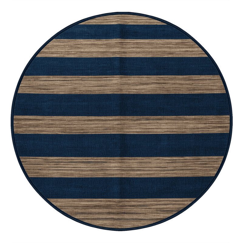 Tapis bleu à rayures horizontales lavable à la machine, Rond 6 pi