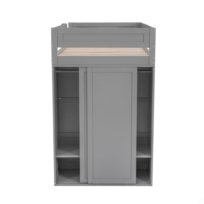 Lit mezzanine en bois avec garde-robe et bureau à 2 tiroirs avec armoire, Lit simple, Gris