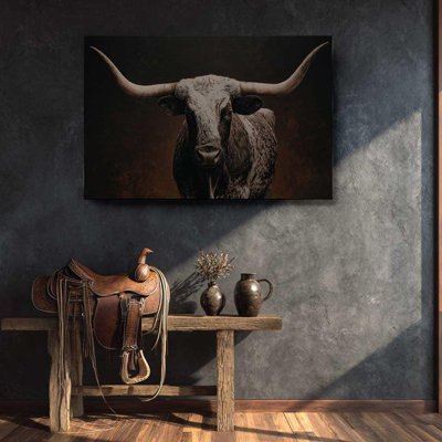 Rustic Longhorn Canvas, Western Bull Wall Art - Sepia Steer Print for Farmhouse Decor, Moody Large Horn Cattle Picture for Ranch Home
