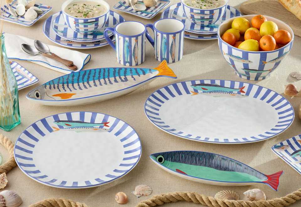 Something Fishy - Vibrant fish illustrations paired with crisp blue stripes